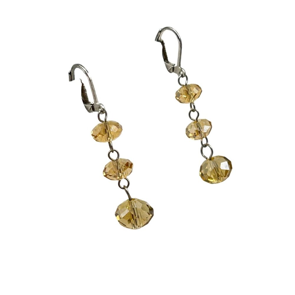Faceted Crystals Dangles Earrings Leverback Triple Bead Sterling Silver 925